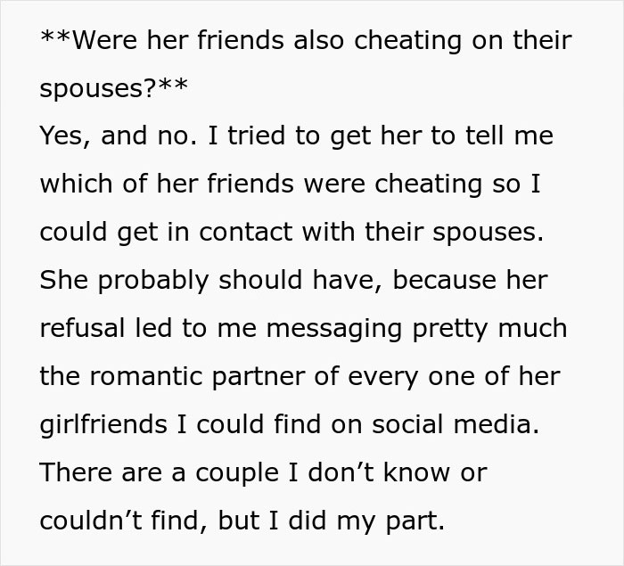 Text excerpt discussing a woman admitting to cheating multiple times and the husband informing her parents about it.