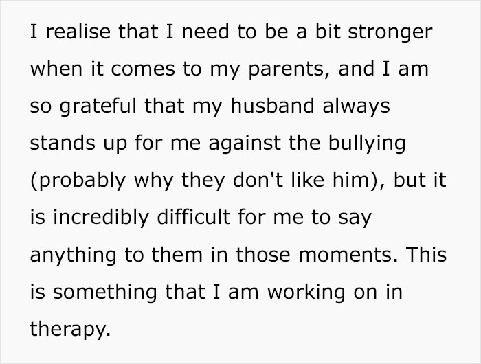Text excerpt discussing parents and the daughter's challenges dealing with family bullying and seeking therapy help.