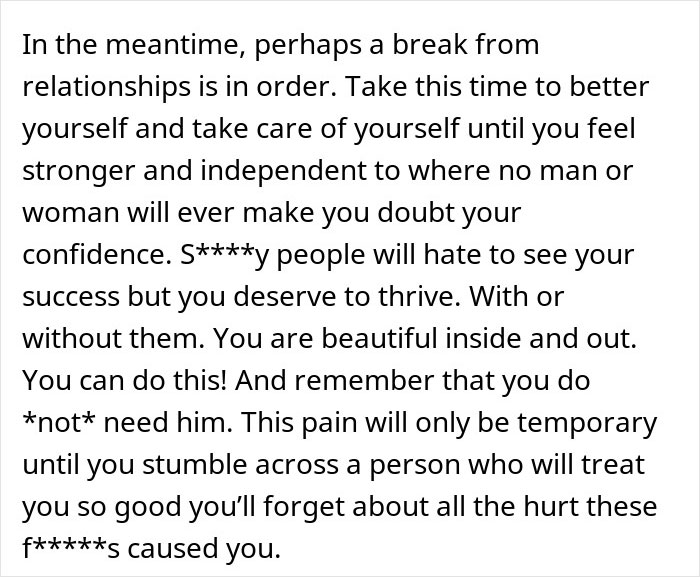Text excerpt about building confidence and independence after a difficult relationship involving a woman, boyfriend, and his female friend.