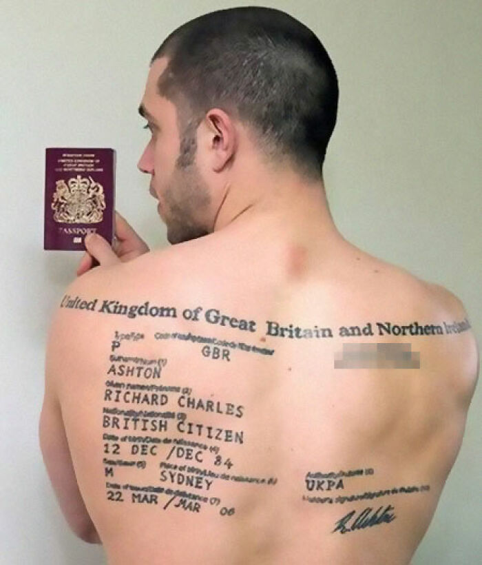 Man showing tattoo of a British passport on his back, illustrating ink fails that create permanent regrets.