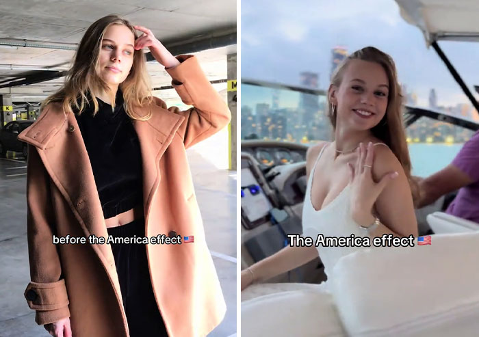Young woman showing before and after photos illustrating the America effect and how the US changed her style and confidence.