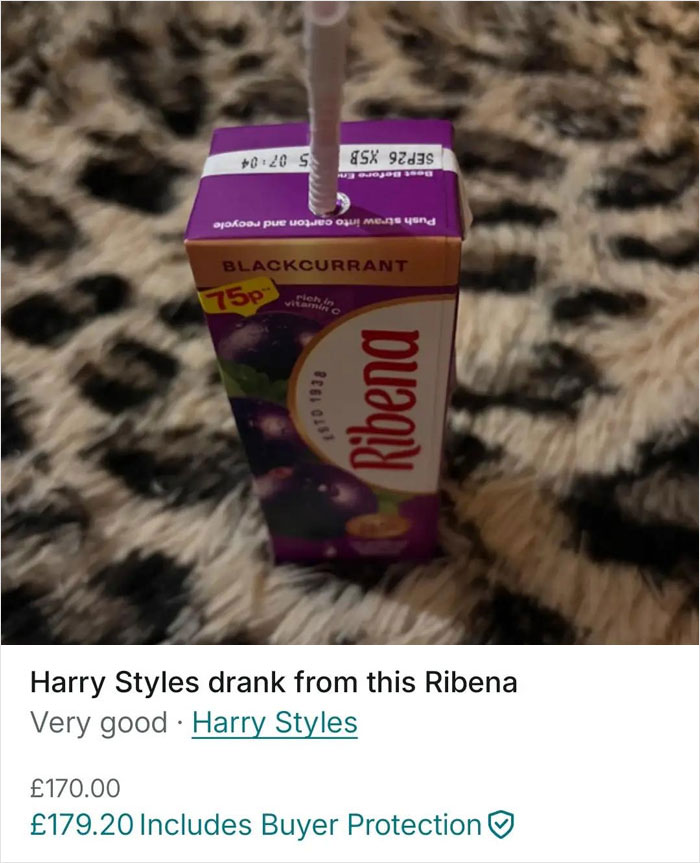 Ribena juice box with straw, humorous Vinted listing showing unusual item for sale and high price.