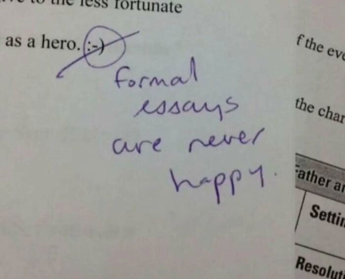 Handwritten note on paper saying formal essays are never happy, a meme related to existential crisis humor.