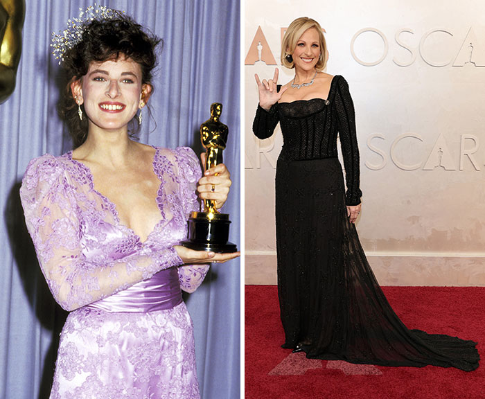 Actress at Oscars holding trophy in vintage attire versus latest red carpet appearance in modern black gown.