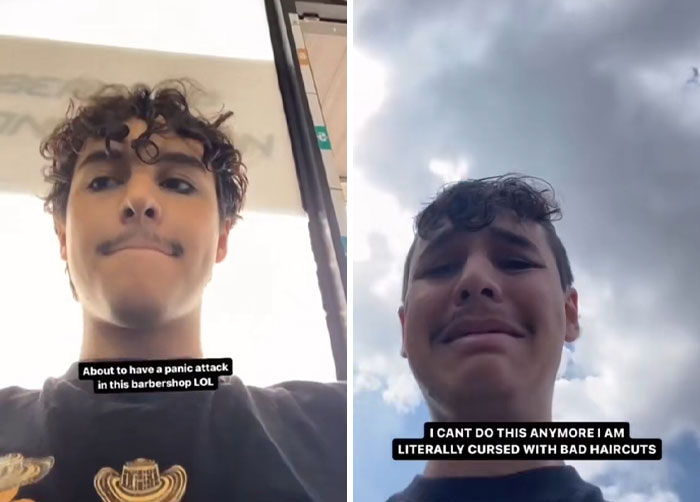 Two young men showing reactions of distress after bad haircuts done by hairdressers, illustrating traumatic hair experiences.