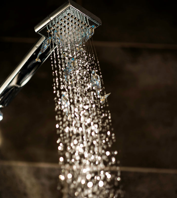Shiny shower head with water flowing, illustrating harmless secrets people keep in everyday moments.