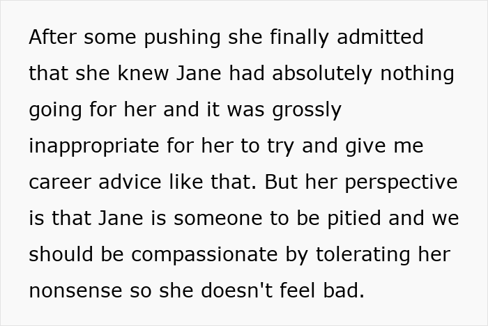 Text excerpt discussing a jobless 36-year-old dragging parents into competition with her PhD cousin, causing financial loss.