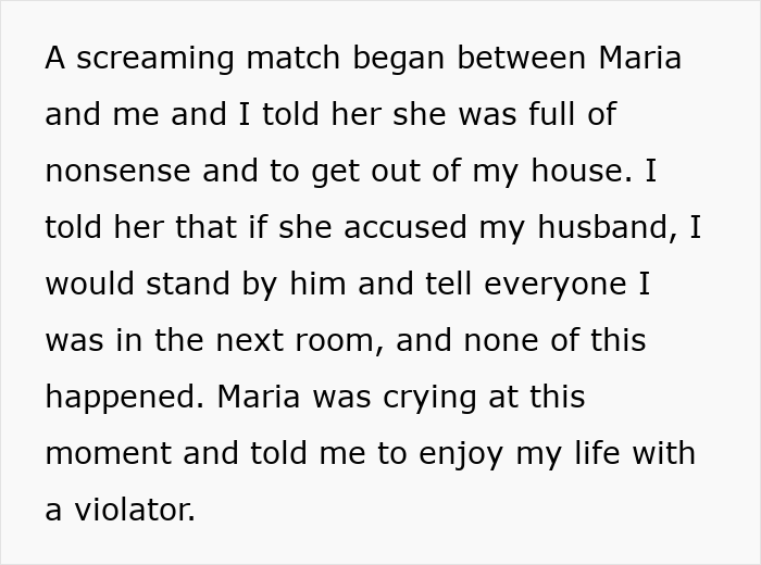Text passage describing a confrontation involving a wife defending her husband after accusations connected to moaning sounds heard.