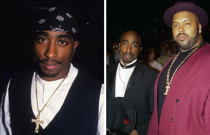 Tupac Shakur and Suge Knight at a public event, highlighting morbid celebrity facts and twisted stories.