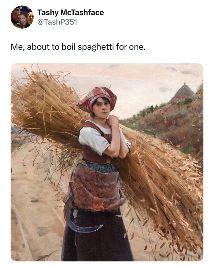 A funny and relatable meme showing a woman carrying a large bundle of wheat, symbolizing over-preparing spaghetti for one.