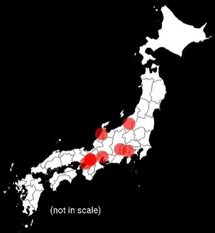 Map of Japan with red highlighted regions, illustrating key data points related to humans neurologically entering adulthood at age 32.