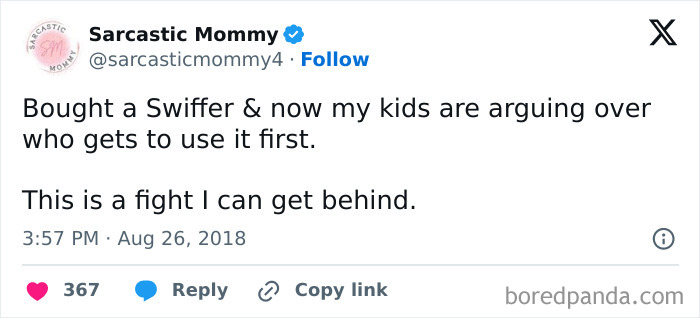 Tweet from Sarcastic Mommy about kids arguing over who gets to use a Swiffer first, illustrating sibling rivalry humor.