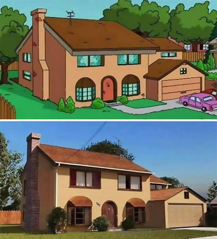 Side-by-side comparison of a cartoon and real-life house, illustrating details linked to humans neurologically entering adulthood at age 32.