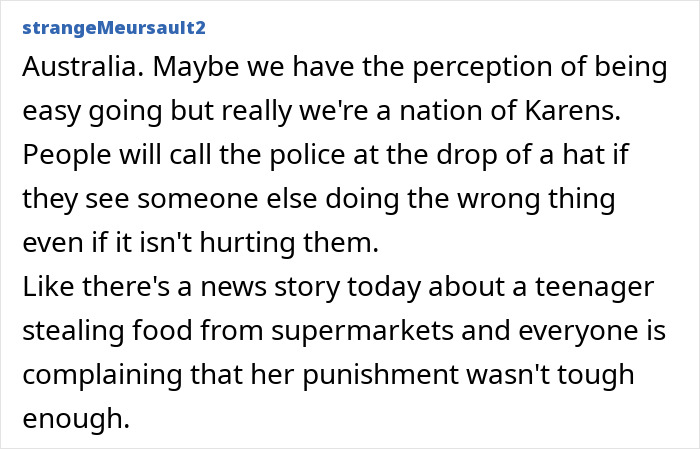 Screenshot of a post from strangeMeursault2 describing Australia's 'nation of Karens' contrasting easy-going stereotypes about countries.