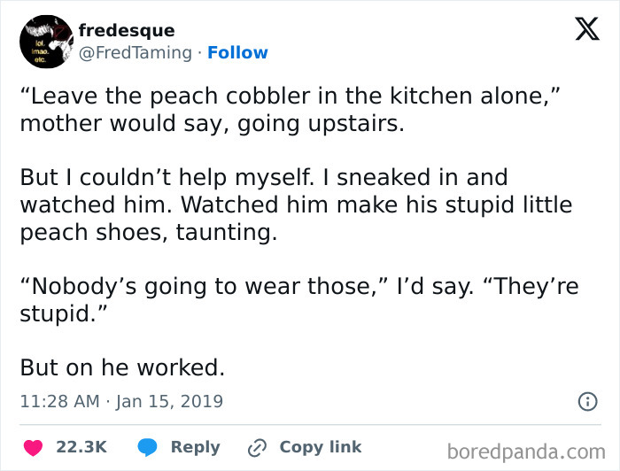 Tweet about seemingly innocent posts with surprising second halves, describing a story about peach shoes and persistence.