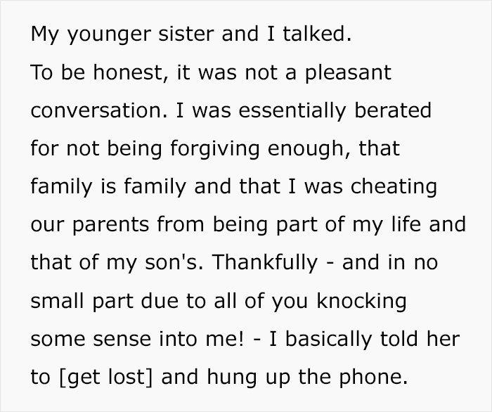 Text message about family conflict after catching mom with fiancé, showing woman cutting off parents and facing hardship.