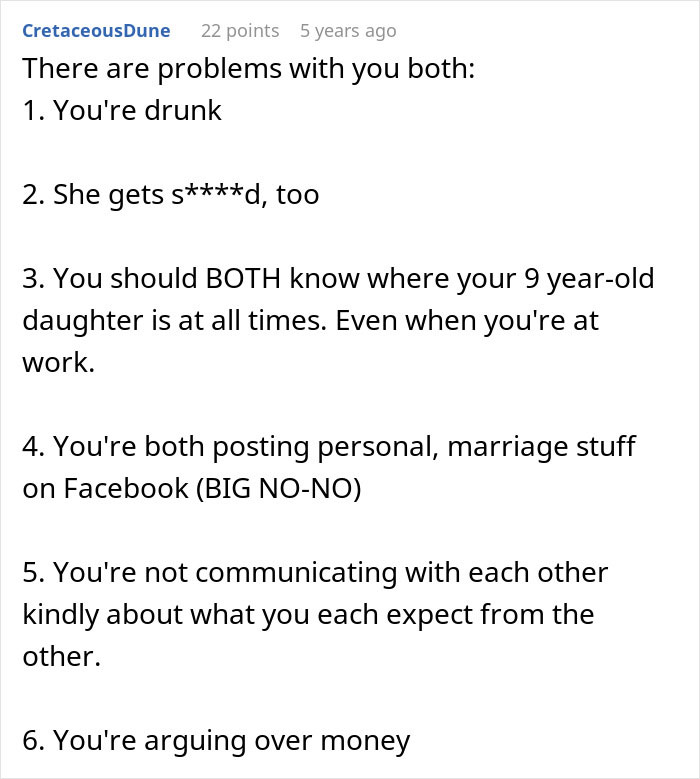 Online comment addressing relationship issues and emphasizing concern for their kid&rsquo;s safety and communication problems.