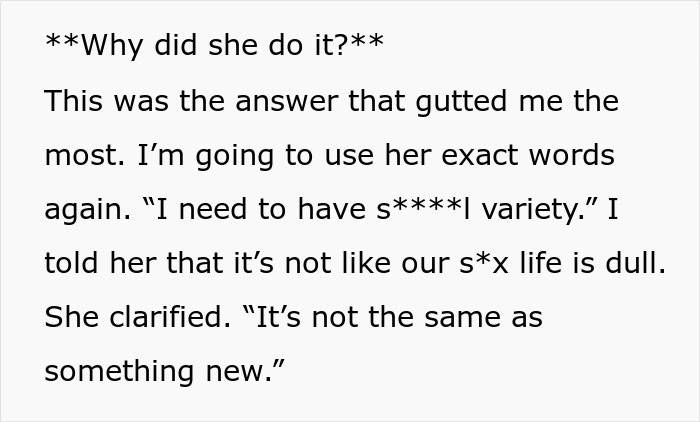 Text excerpt showing a woman admitting to cheating multiple times for variety and the husband telling her parents then leaving.