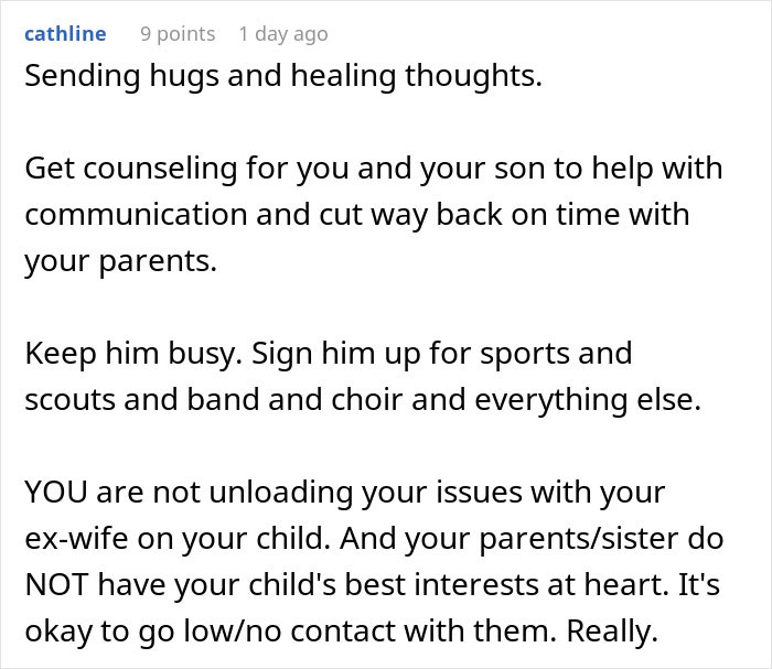 Comment discussing grandparents guilt trip kid over his mom and dad's decision to cut off contact for child's best interests.