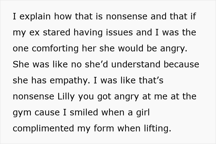 Text discussing a boyfriend letting his girlfriend use his apartment to meet her old friend, who is actually her ex.