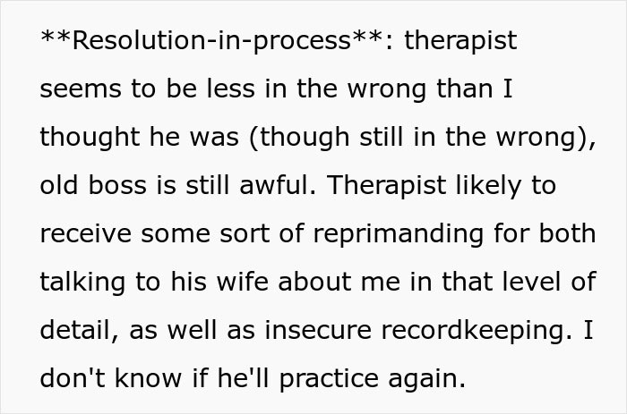 Text excerpt discussing a woman&rsquo;s confusion about coworkers knowing details, linked to her therapist being her boss&rsquo;s husband.