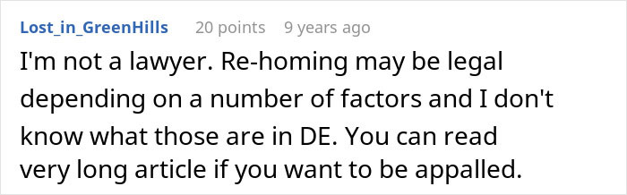 Comentário de um usuário do fórum discutindo aspectos legais do realojamento de crianças adotadas com comportamento horrível, compartilhado no Facebook. Comentário de um usuário do fórum discutindo aspectos legais do realojamento de crianças adotadas com comportamento horrível, compartilhado no Facebook.
