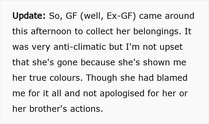 Text post describing a person explaining their ex-girlfriend's departure and behavior blaming them without apology.