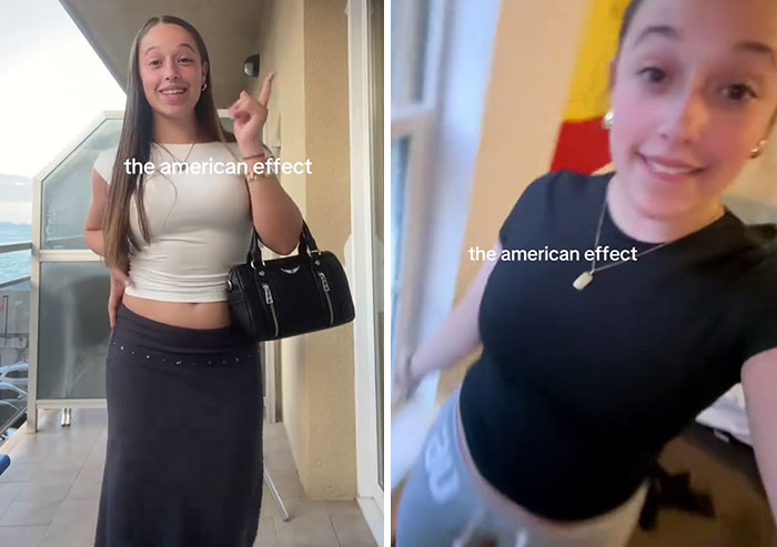 Woman showing before and after photos demonstrating the America effect on her lifestyle and appearance changes.