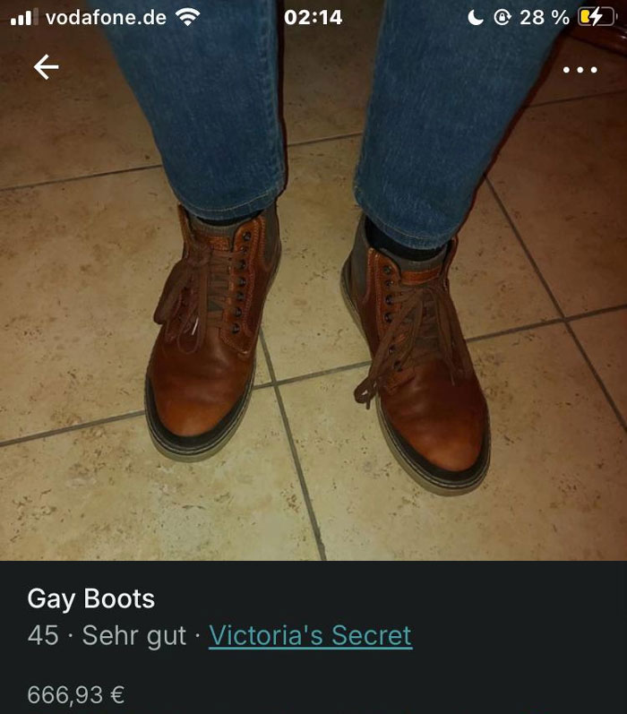 Brown leather boots worn with jeans shown in a quirky Vinted listing demonstrating hilarious listings on Vinted.