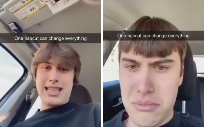 Side-by-side images of a young man showing shock and disappointment after a hairdresser's unexpected haircut trauma.