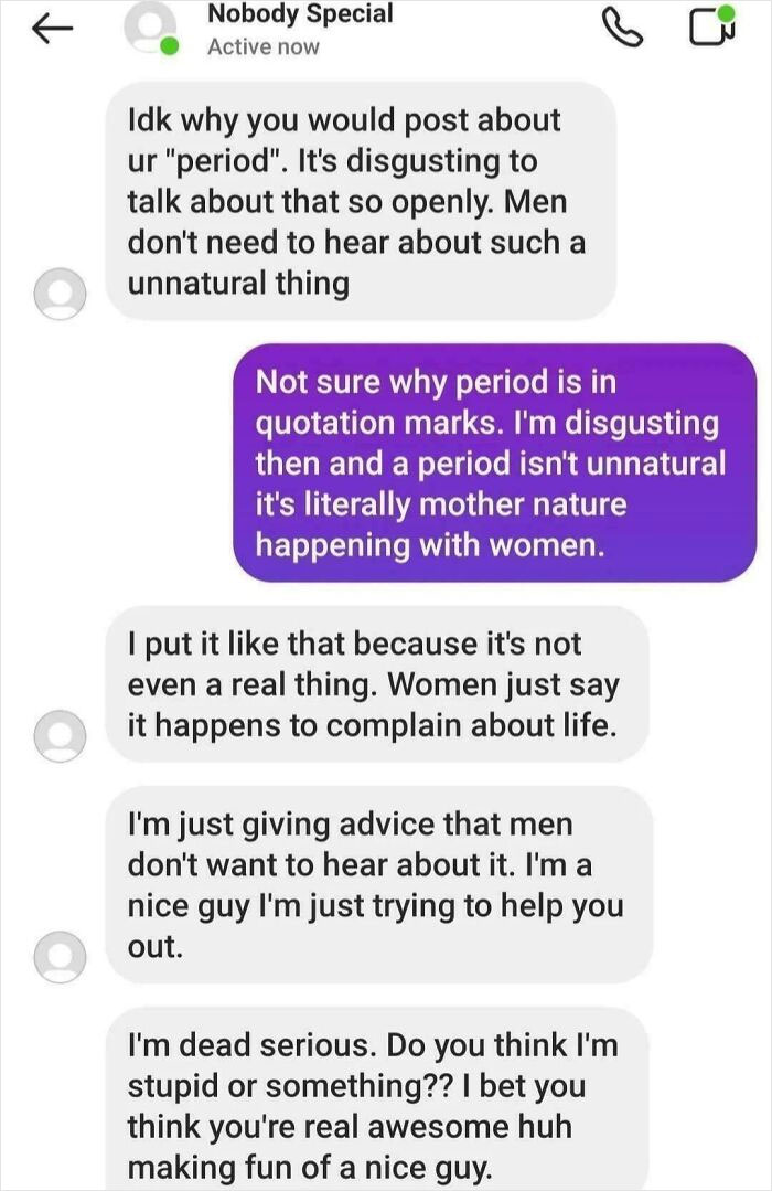 Screenshot of cringey texts from a man dismissing periods and insisting men don’t want to hear about them.