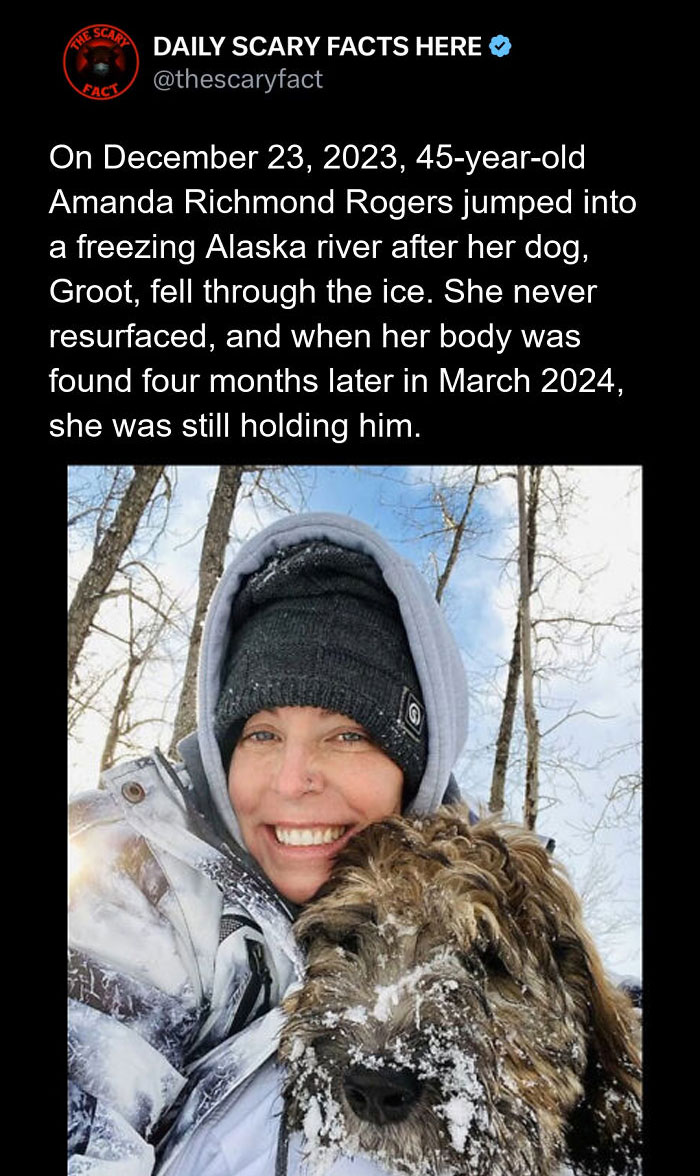 Woman in winter gear smiling with her dog covered in snow, illustrating a tragic scary fact about loyalty and loss.