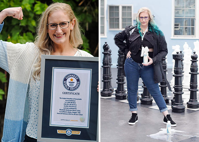 Woman with glasses holding a Guinness World Records certificate and posing with spilled milk showing bizarre medical problems and mysteries.