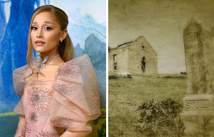 Ariana Grande in pink dress beside a vintage morbid graveyard scene illustrating twisted celebrity facts.