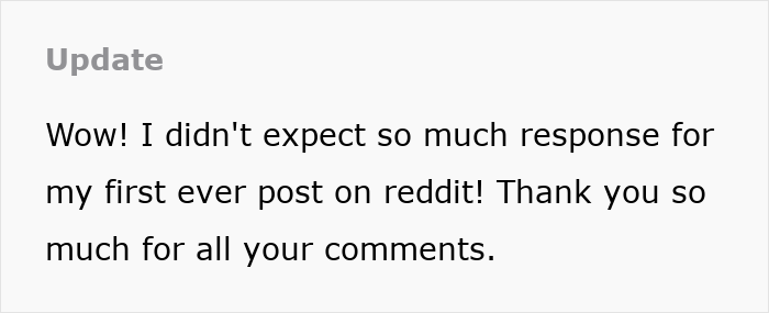 Text update on a white background expressing surprise and gratitude for the strong response to a first Reddit post.