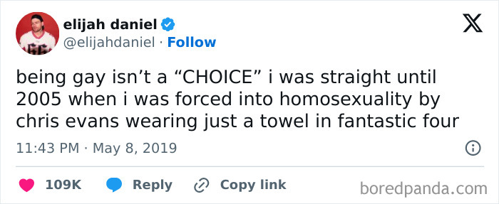 Tweet by Elijah Daniel humorously discussing a seemingly innocent post with a surprising second half impact.