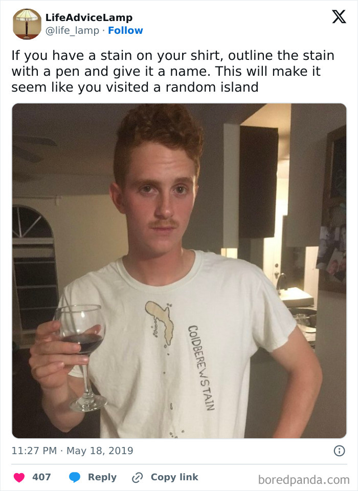 Man holding wine glass wearing a shirt with a stain outlined and labeled as a fictional island meme relatable humor