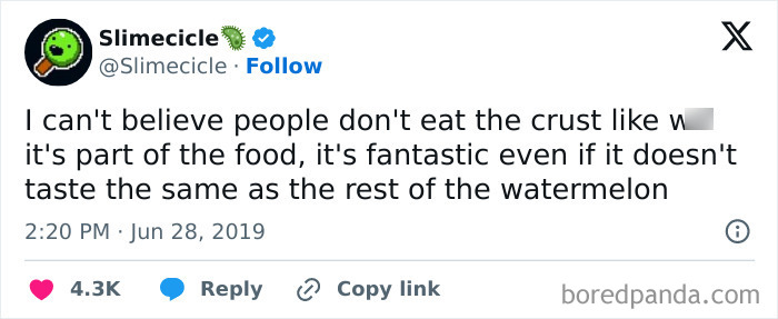 Tweet from Slimecicle about people not eating watermelon crust and how it tastes fantastic despite being different, highlighting seemingly innocent posts with a surprising second half.