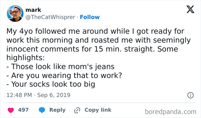 Screenshot of a tweet showing a dad humorously roasted by his 4-year-old with no-filter kid comments.
