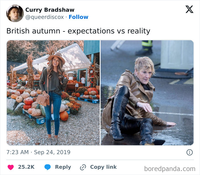 Split image showing British autumn expectations with a woman posing at a pumpkin patch and reality with a person slipping on wet pavement.