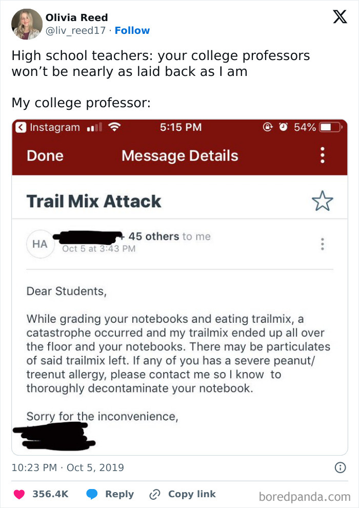 Email from college professor humorously addressing trail mix spill, relatable for doctors or patients tired of it all memes.