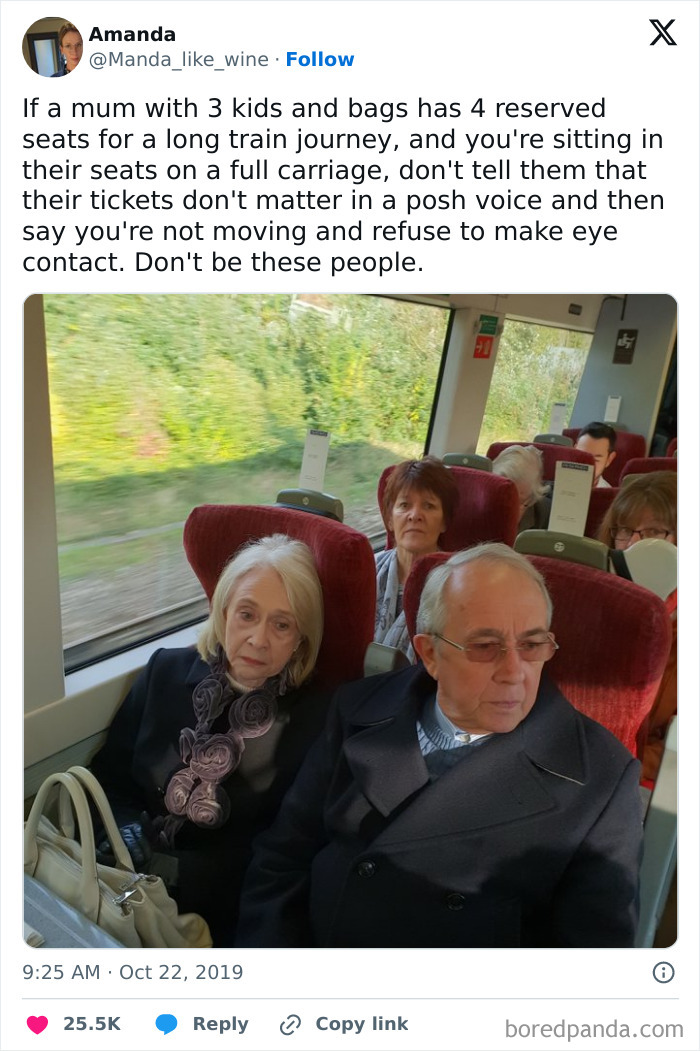 Older passengers on a crowded train with entitled Karens refusing to move from reserved seats during a long journey.