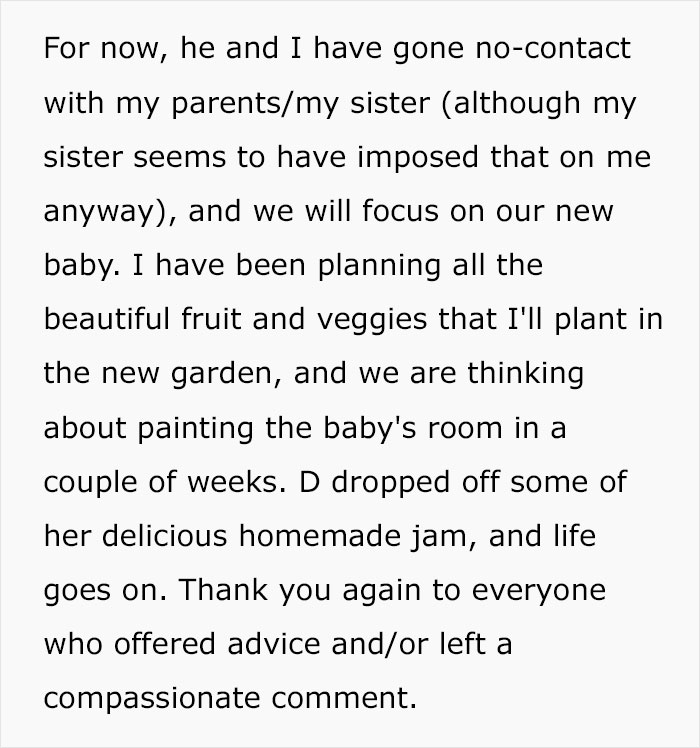 Text from a person explaining going no-contact with parents after buying a house secretly and planning a new garden and baby's room.