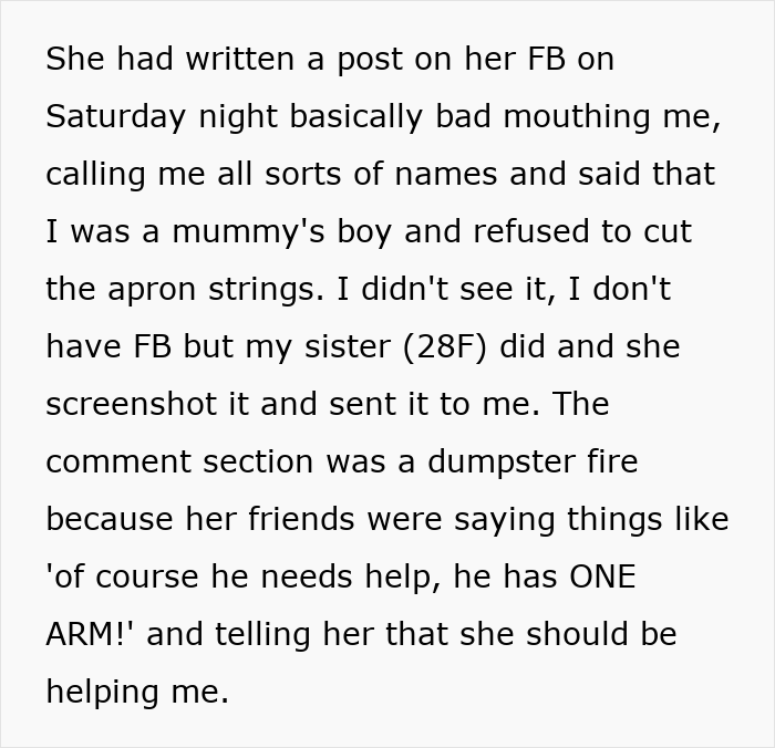 Text post describing a Facebook conflict about a guy with one arm needing help cutting vegetables from his mum.