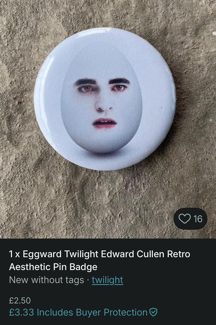 Eggward Twilight Edward Cullen retro pin badge with a humorous design, showing creativity in Vinted listings.