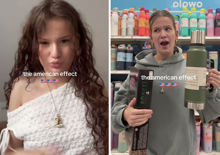 Before and after photos of a woman showcasing the American effect and how the US experience changed her appearance and style.