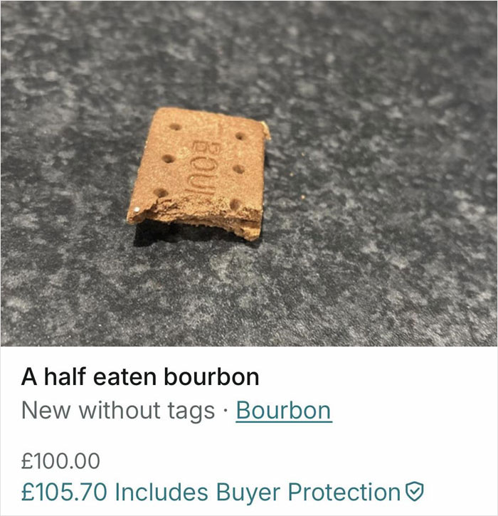 Half eaten bourbon biscuit listed for sale on Vinted, showcasing hilarious listings with no rules on the platform.