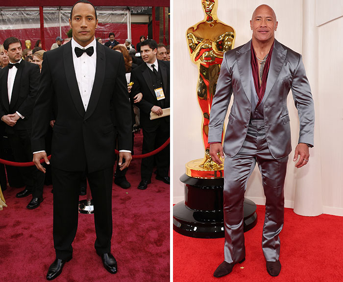 Actor at first Oscars wearing a black tuxedo compared to latest appearance in a shiny silver suit on the red carpet.