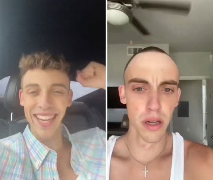 Side-by-side photos of a man before and after a traumatizing hairdresser haircut gone wrong.