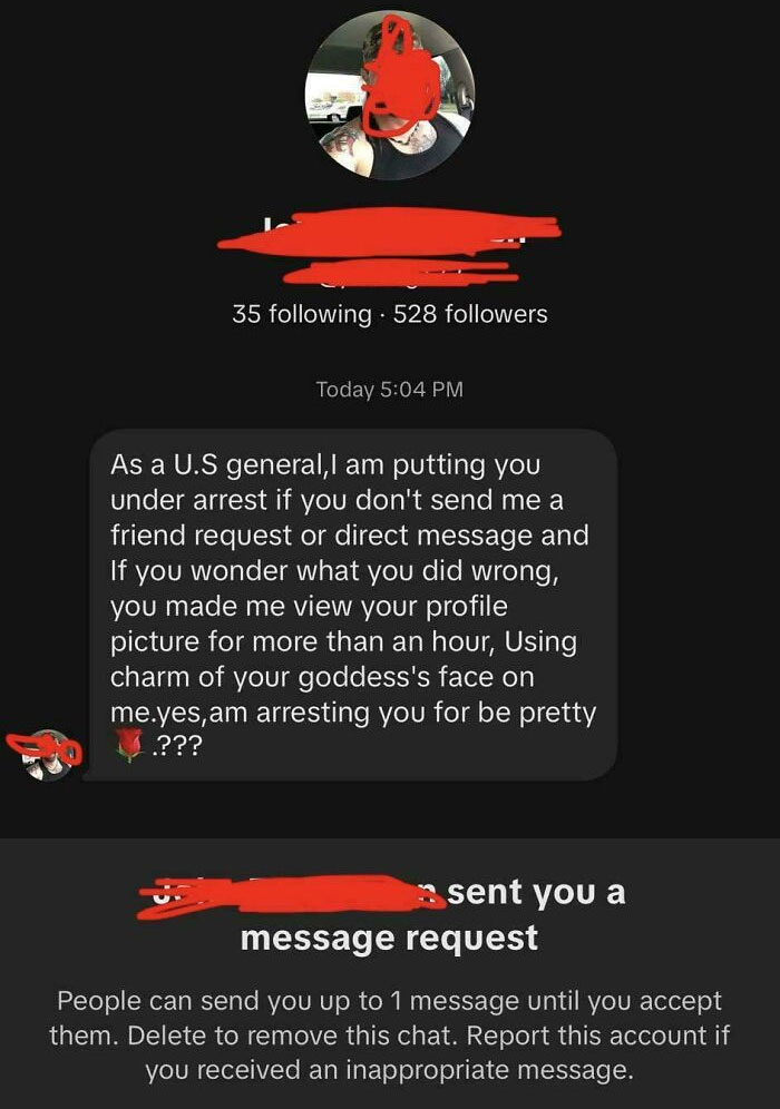 Cringey text from a man threatening arrest for not sending a message, showcasing awkward and frustrating online behavior.